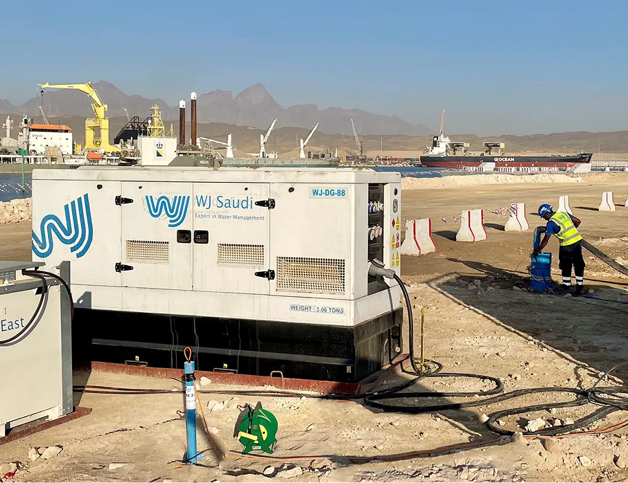 Testing generator and pump with engineer working in the background